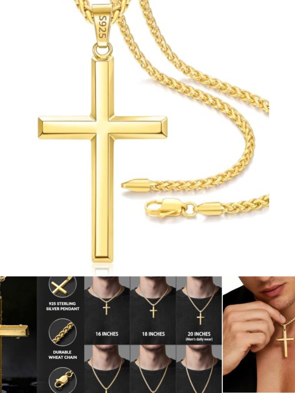 14k Gold Plated 925 Sterling Silver Cross Necklace 22in 3mm Wheat Chain